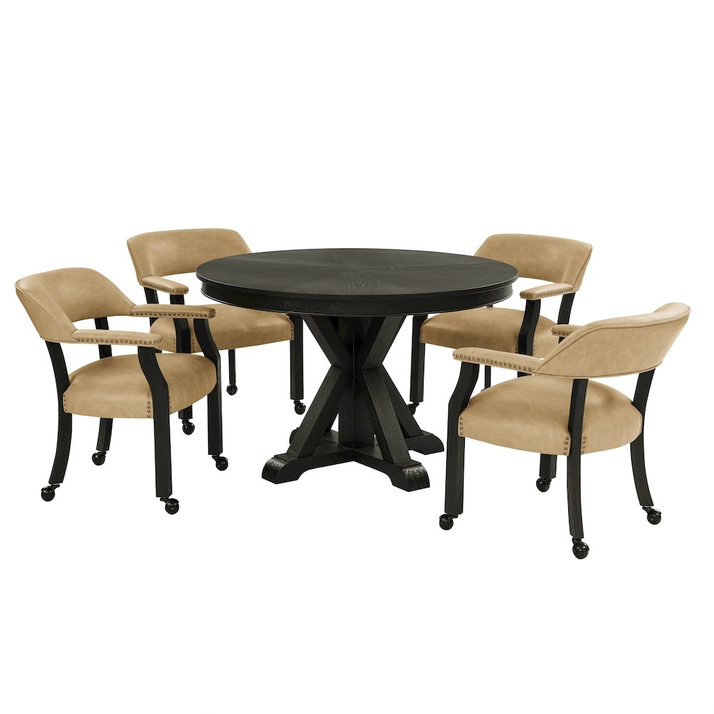 Rylie Dining Table & 4 Captains Chairs, Black Finish with Sand Vegan Leather. Picture 1
