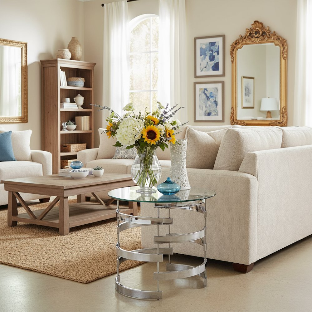 Contemporary End Table, Round Glass Top, Chrome Base, Gray. Picture 2