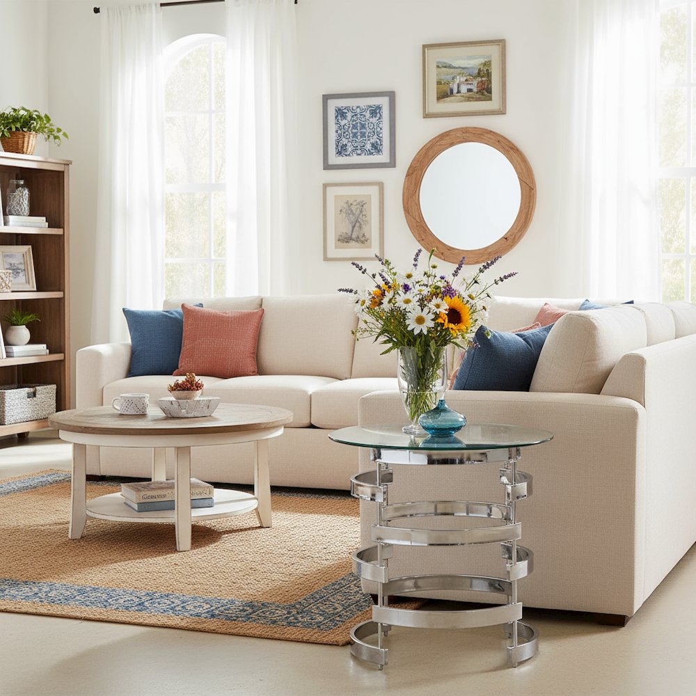 Contemporary End Table, Round Glass Top, Chrome Base, Gray. Picture 3