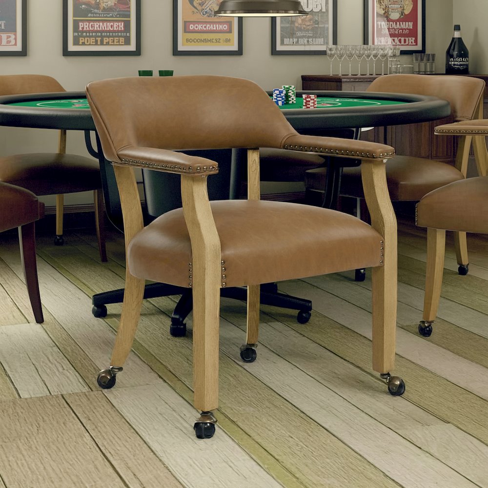 Camel Colored Captains Armchair with Rolling Casters. Picture 8