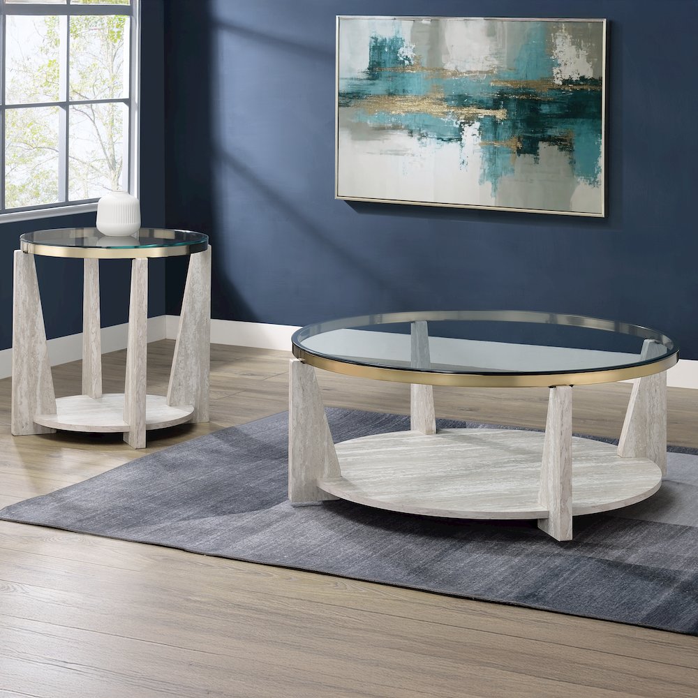 Wanda 42″ Round Glass Top Coffee Table with Casters. Picture 7