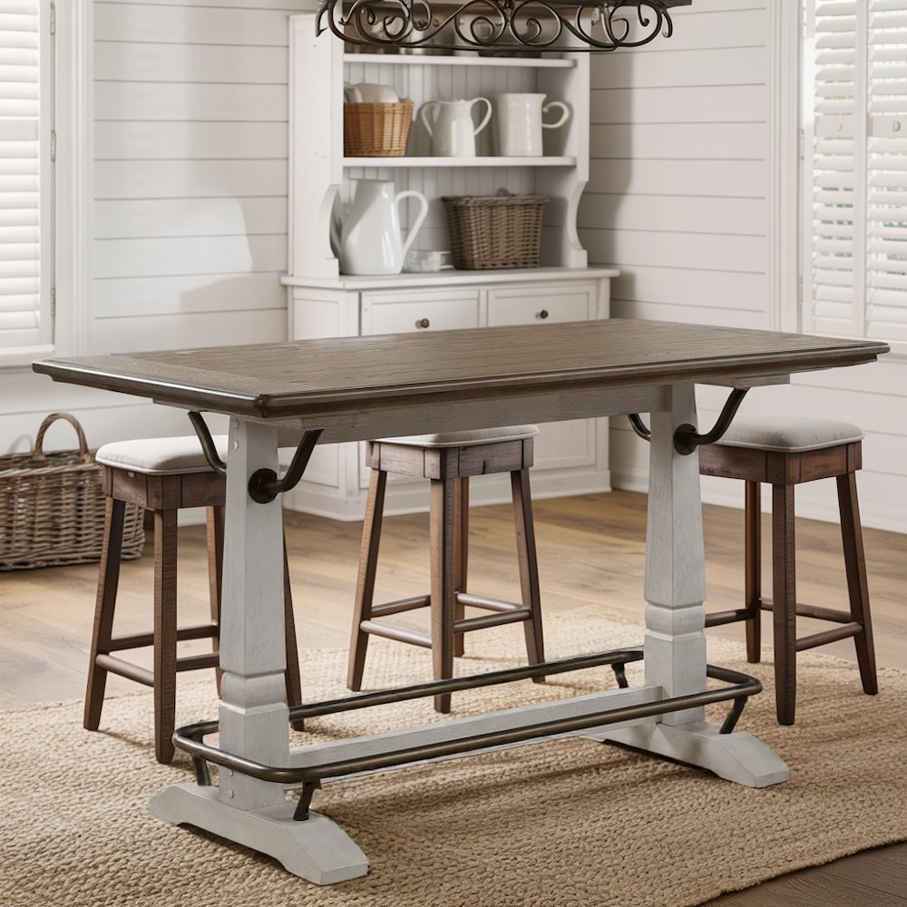 Ivory and Honey Oak 59.5" Counter Height Table for 6 with Double Pedestal Base. Picture 3