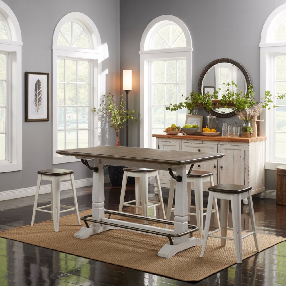 Ivory and Honey Oak 59.5" Counter Height Table for 6 with Double Pedestal Base. Picture 2