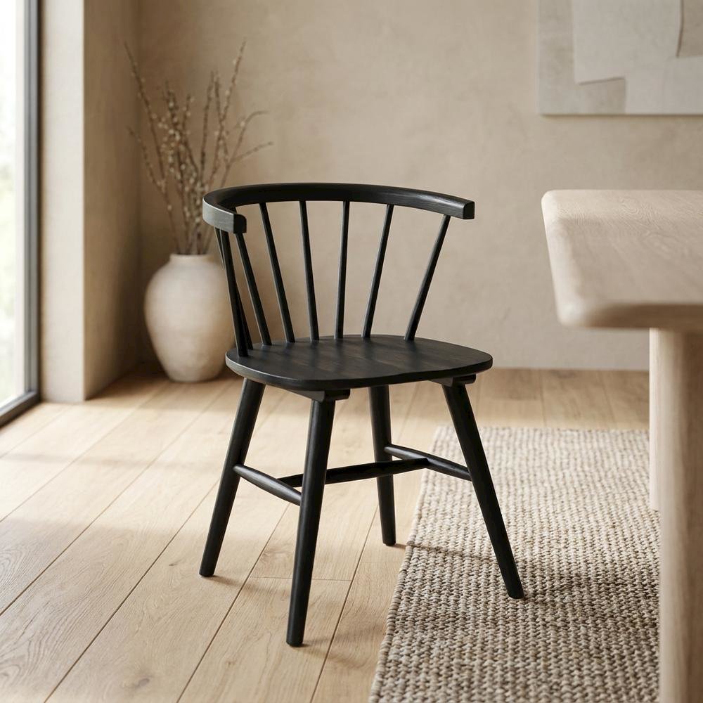 Solid Rubberwood Dining Chair with Curved Back for Dining Room, Black. Picture 3