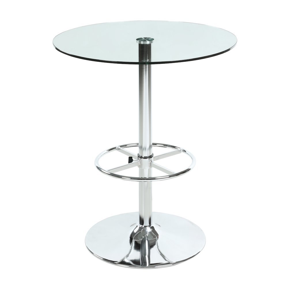 Glass Bar Table with Chrome Base – Counter Height Round Cocktail Table. Picture 1