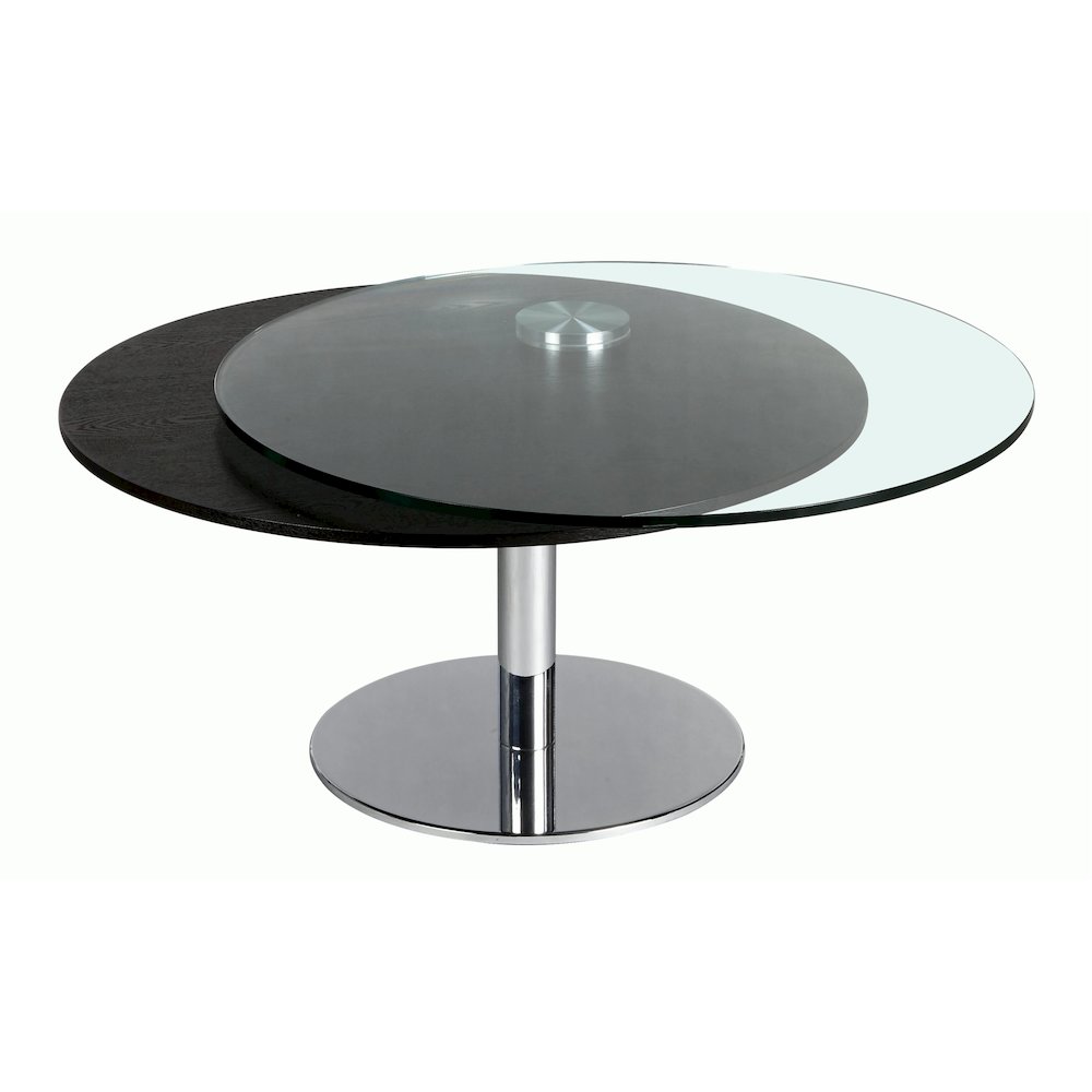 Contemporary Dual Round Top Motion Cocktail Table W/ Glass & Solid Wood Top. Picture 2
