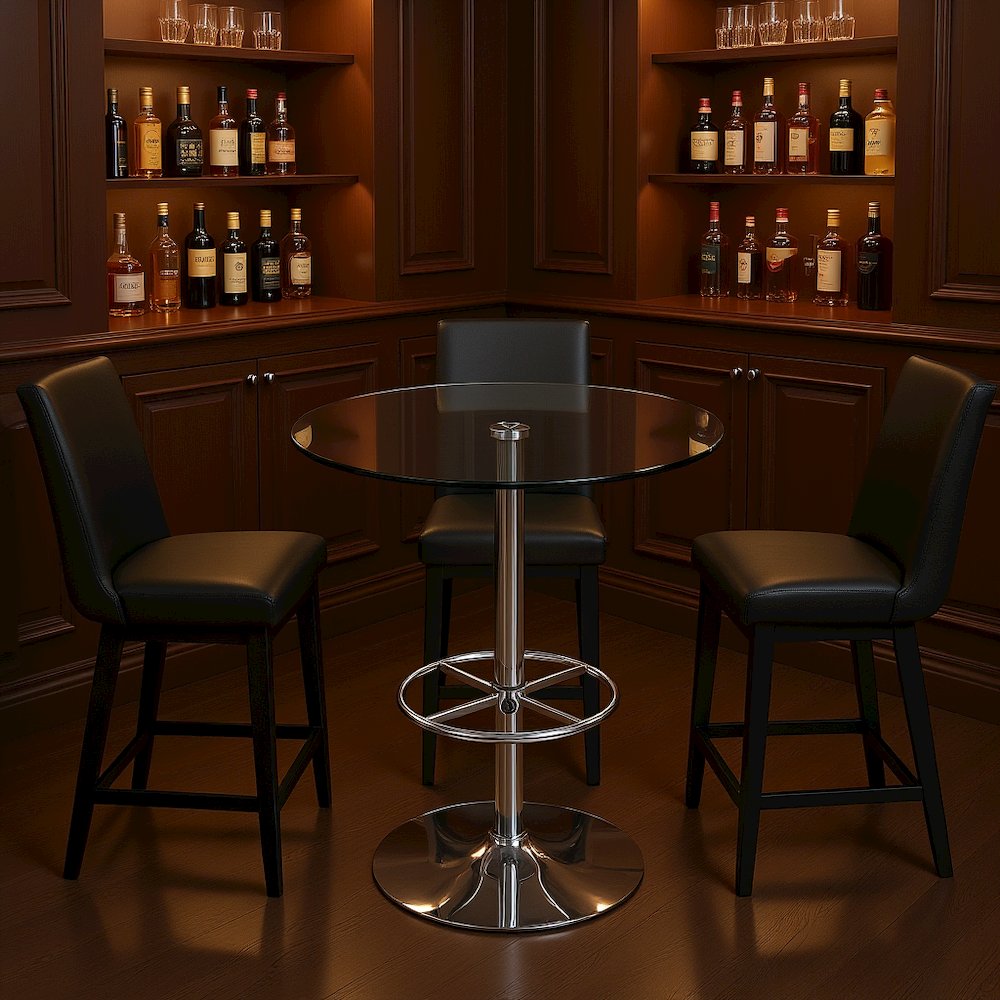 Glass Bar Table with Chrome Base – Counter Height Round Cocktail Table. Picture 3
