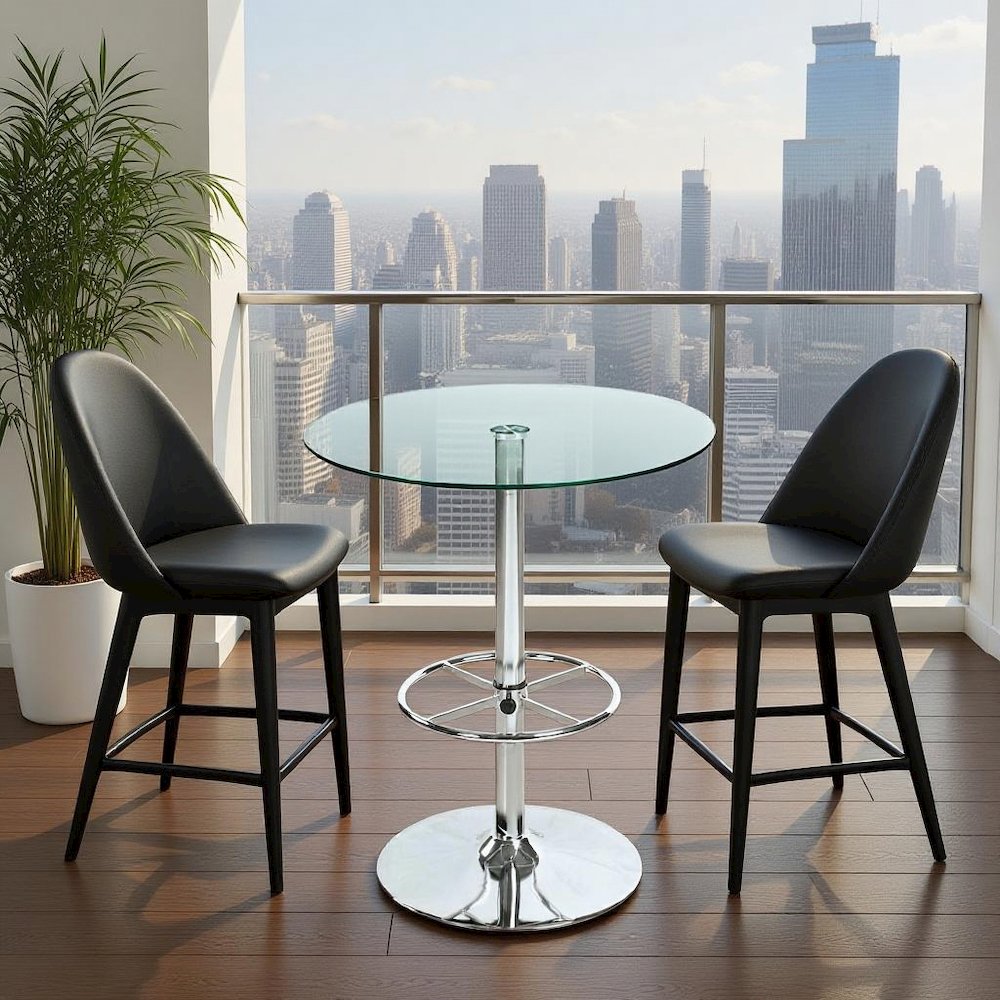 Glass Bar Table with Chrome Base – Counter Height Round Cocktail Table. Picture 2