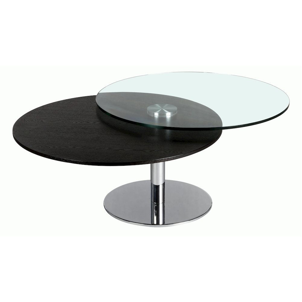 Contemporary Dual Round Top Motion Cocktail Table W/ Glass & Solid Wood Top. Picture 4