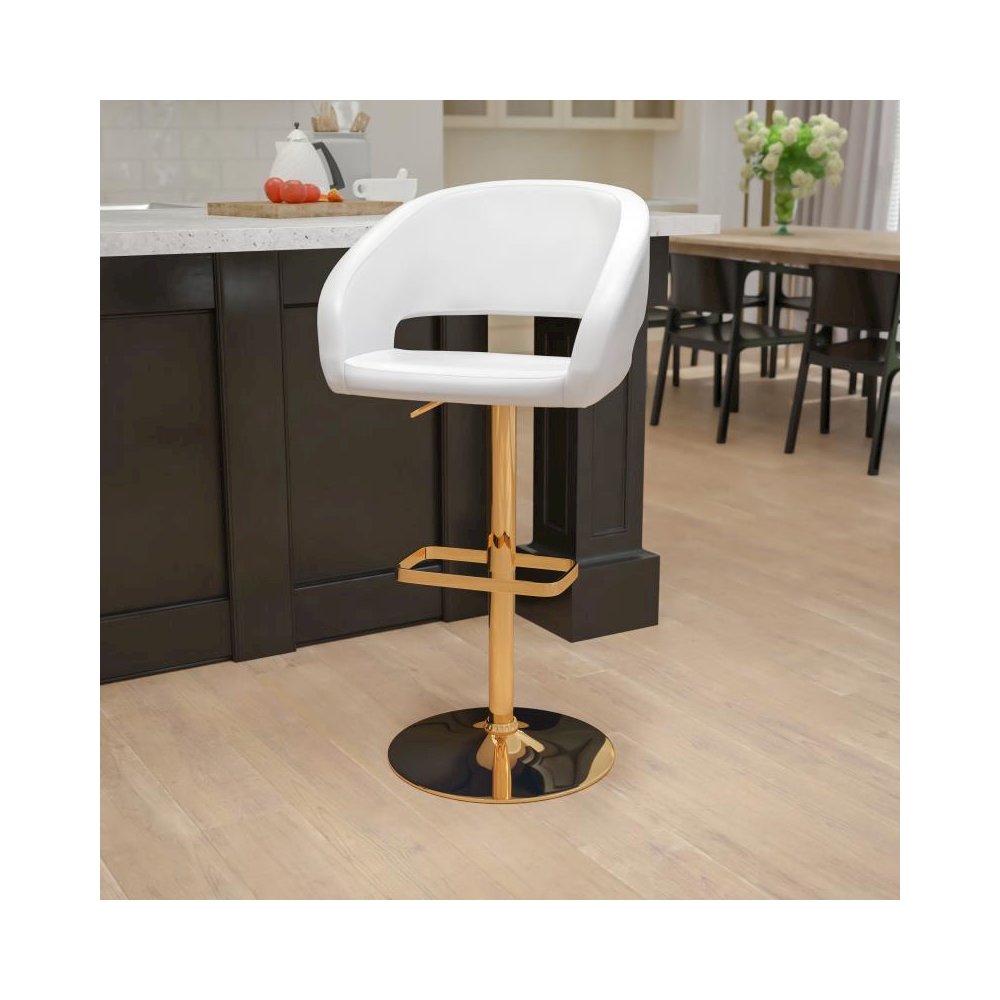 Contemporary White Vinyl Adjustable Height Barstool with Rounded Mid-Back and Gold Base. Picture 2
