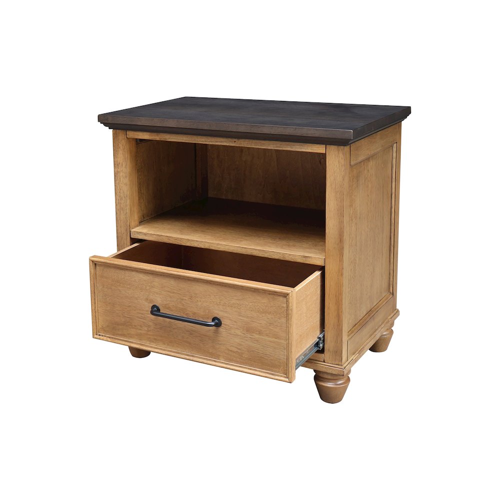Solid Wood 1-Drawer Nightstand, Hickory & Washed Coal Two-Tone Bedside Table. Picture 8