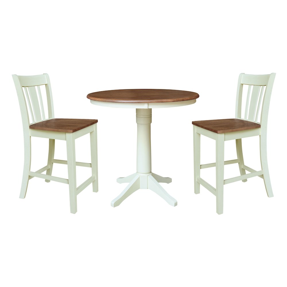 36" Round Pedestals Gathering Height Dining Table With 2 Counter Height Stools. Picture 1