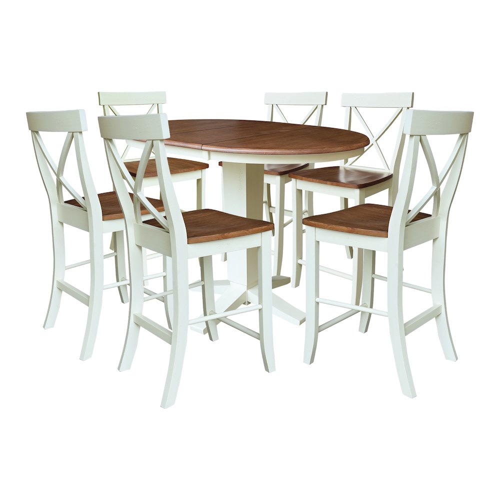 36" Solid Wood Round Extension Dining Table with 6 Counter Height Stools. Picture 1