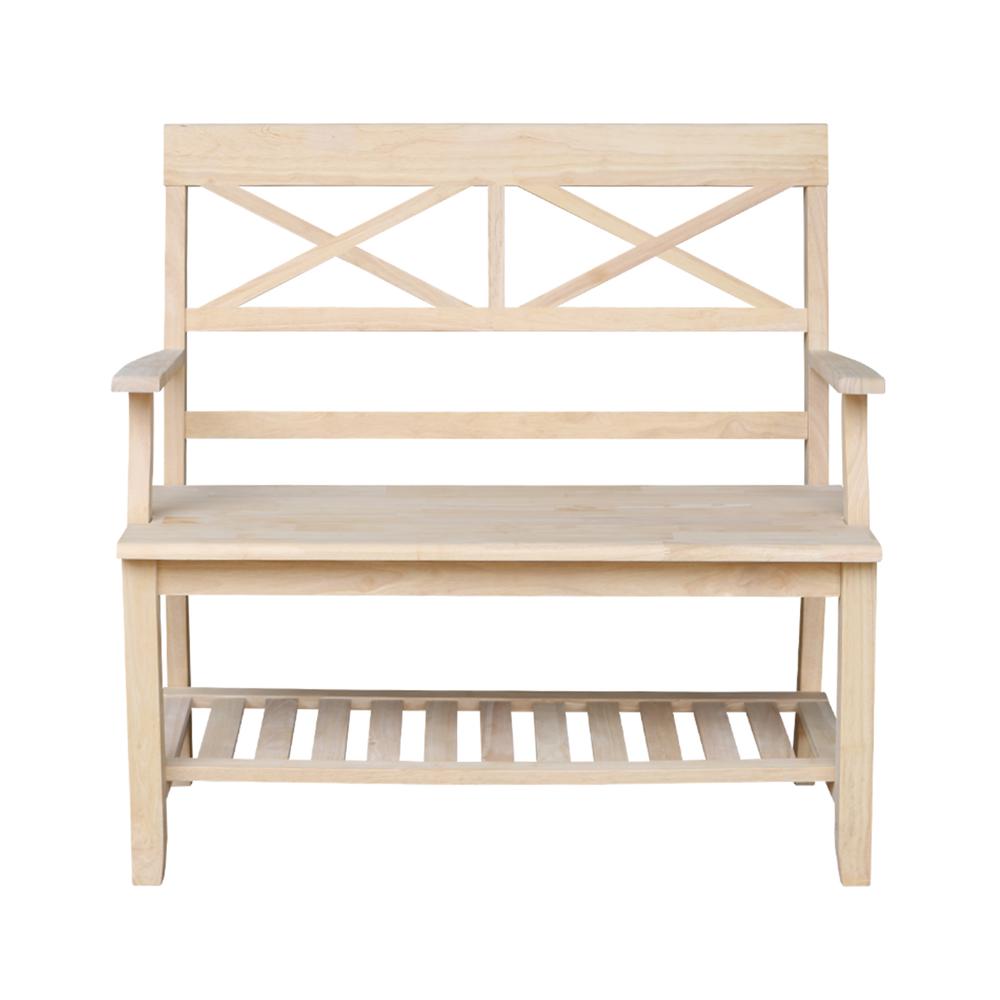 Double X-Back Bench With Arms and Shelf, Unfinished. Picture 7