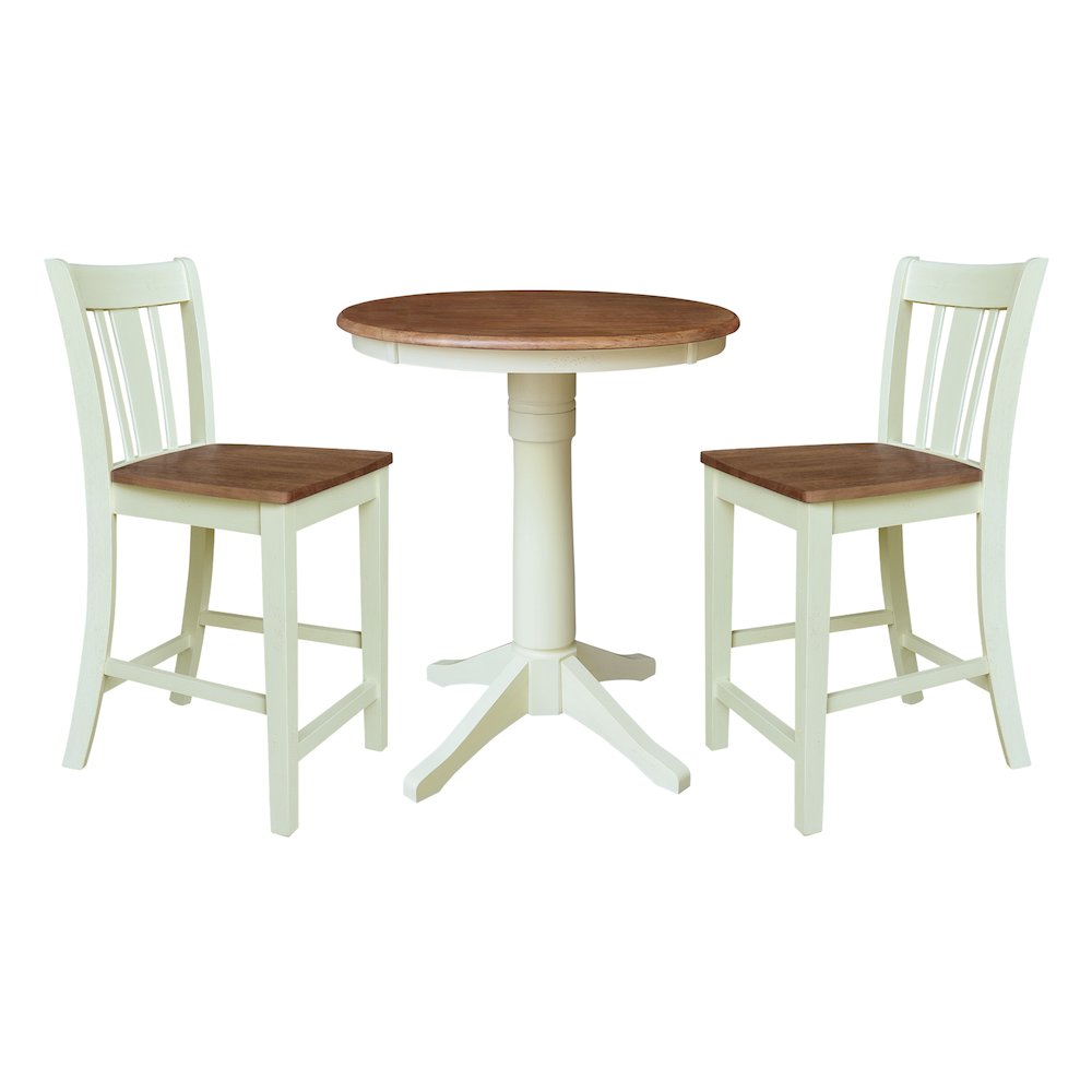 30" Round Pedestal Gathering Height Table With 2 San Remo Counter Height Stools. Picture 1