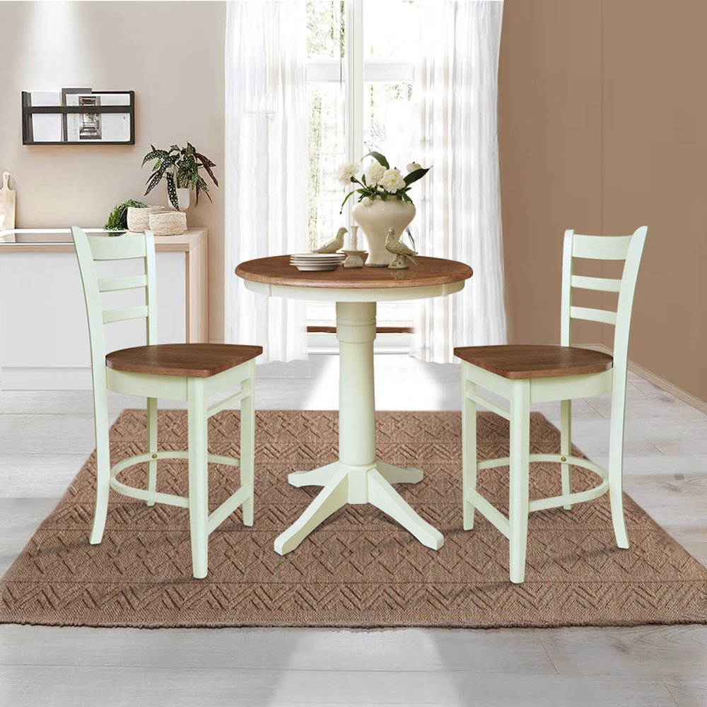 30" Round Pedestal Gathering Height Table with 2 Emily Counter Height Stools. Picture 4