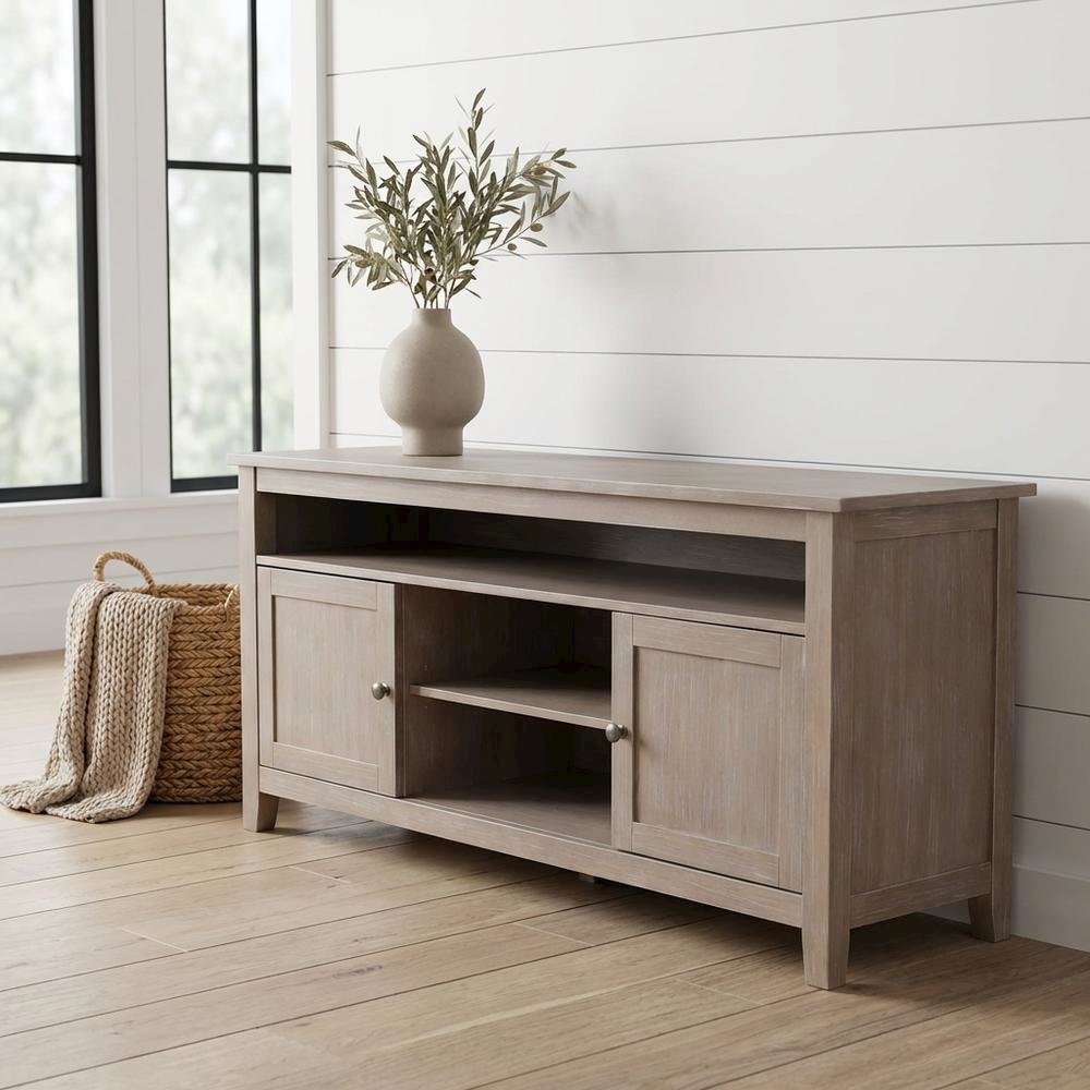 Washed Gray Taupe Entertainment TV Stand with 2 Doors and Hardwood Construction. Picture 2