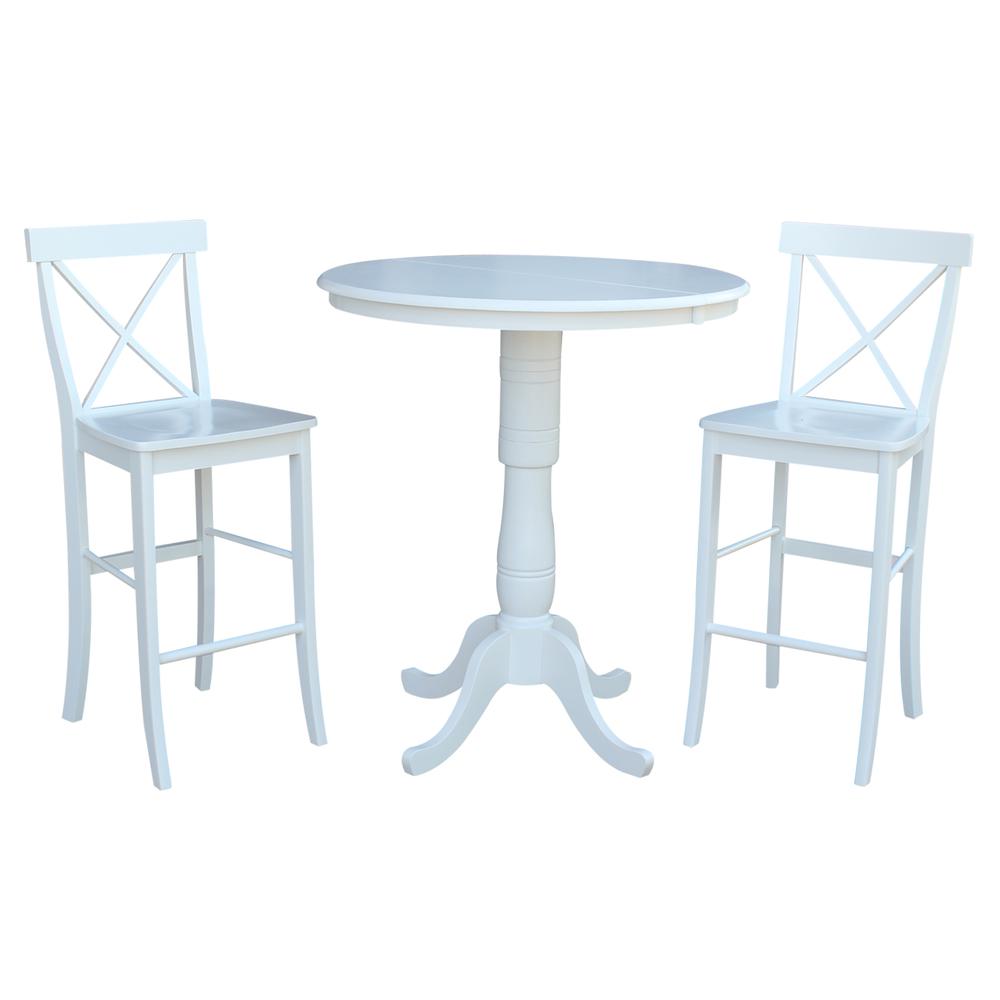 36" Round Extension Dining Table 40.9"H With 2 X-Back Bar height Stools, White. Picture 1