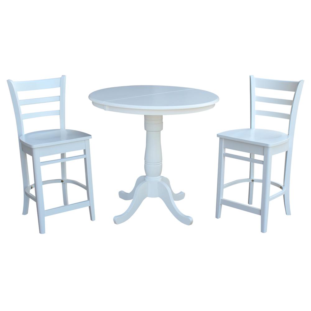 36" Round Extension Dining Table 34.9"H With 2 Emily Counter height Stools, White. Picture 1