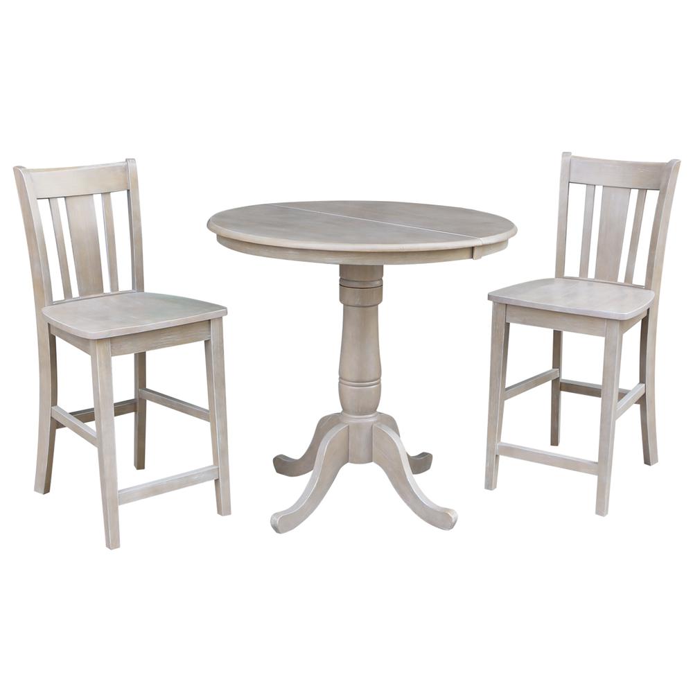 36" Round Extension Dining Table 34.9"H With 2 San Remo Counter height Stools, Washed Gray Taupe. Picture 1