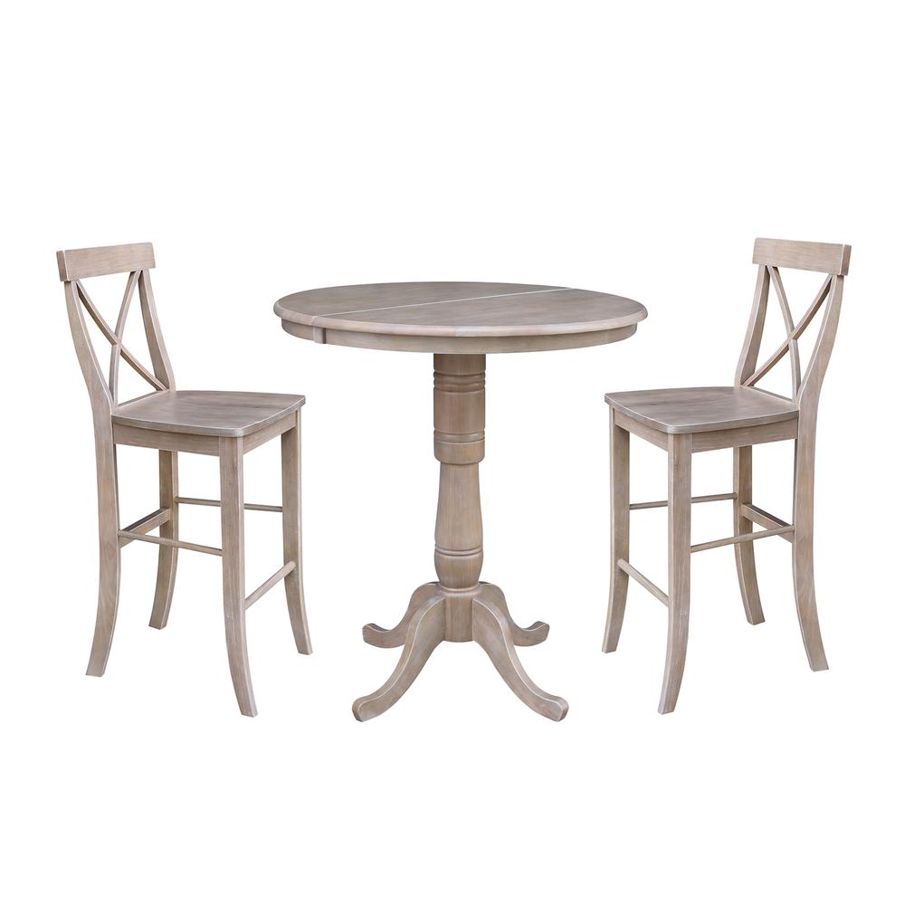 36" Round Extension Dining Table 40.9"H With 2 X-Back Bar height Stools, Washed Gray Taupe. Picture 1