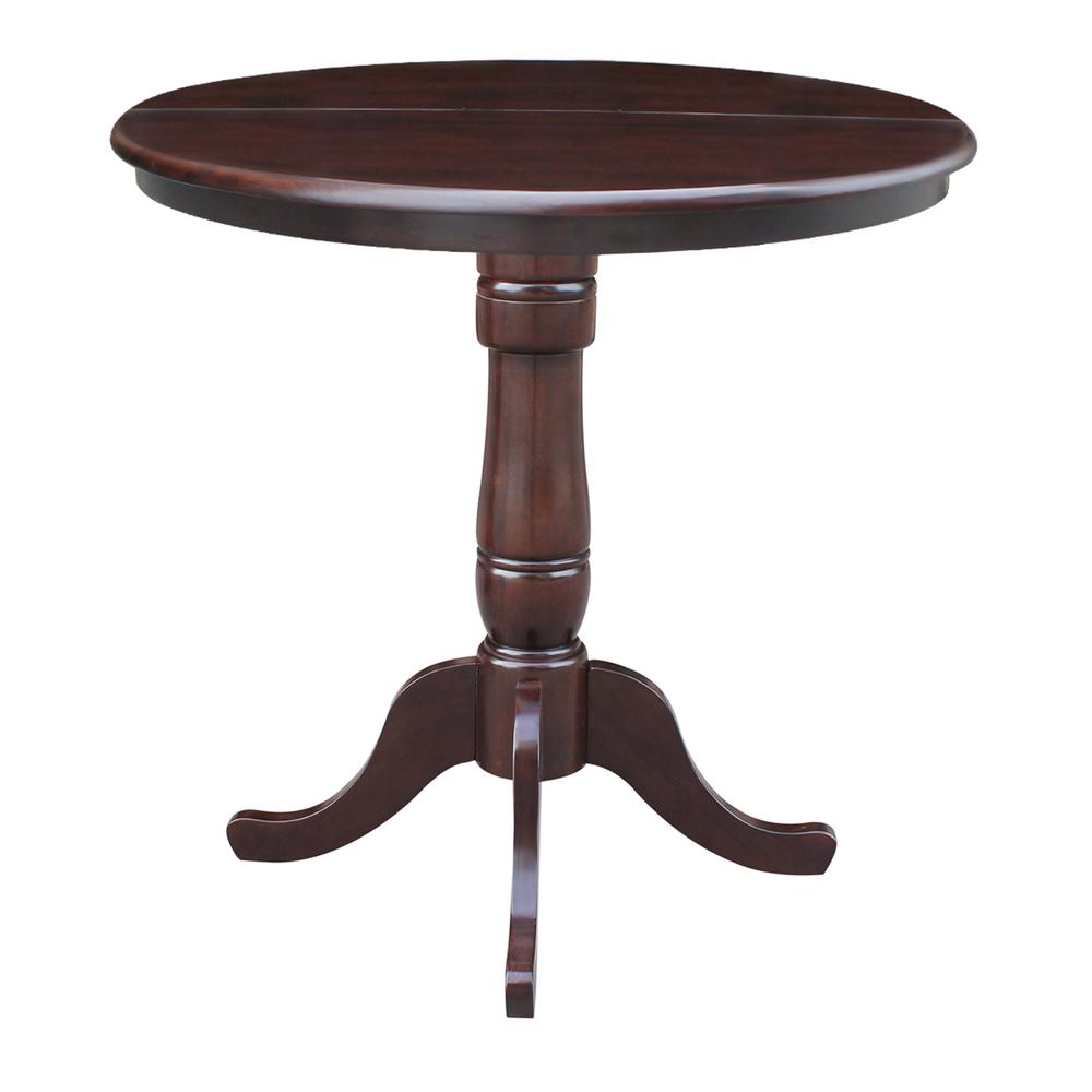 36" Round Top Pedestal Table With 12" Leaf - 34.9"H - Counter Height, Rich Mocha. Picture 2