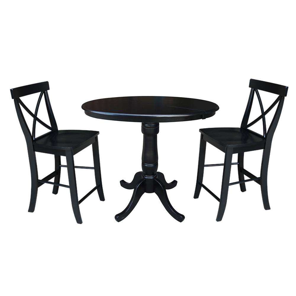 36" Round Extension Dining Table 34.9"H With 2 X-Back Counter height Stools, Black. Picture 1