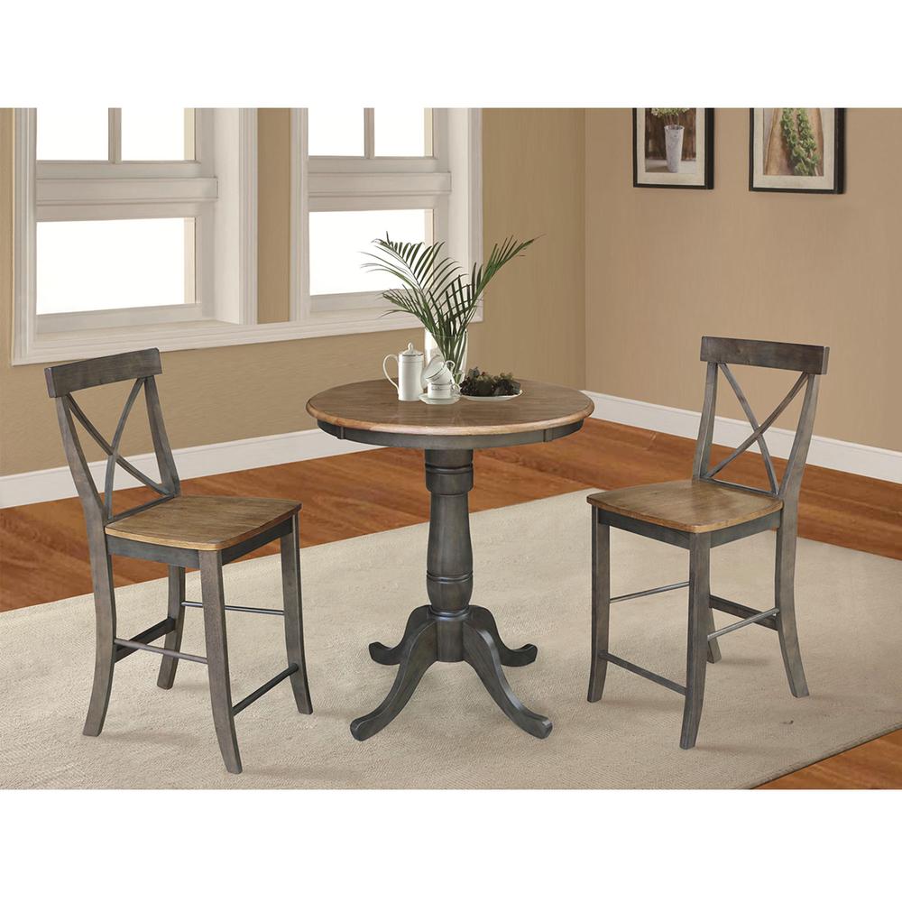 30" Round Pedestal Gathering Height Table With 2 X-Back Counter Height Stools. Picture 2
