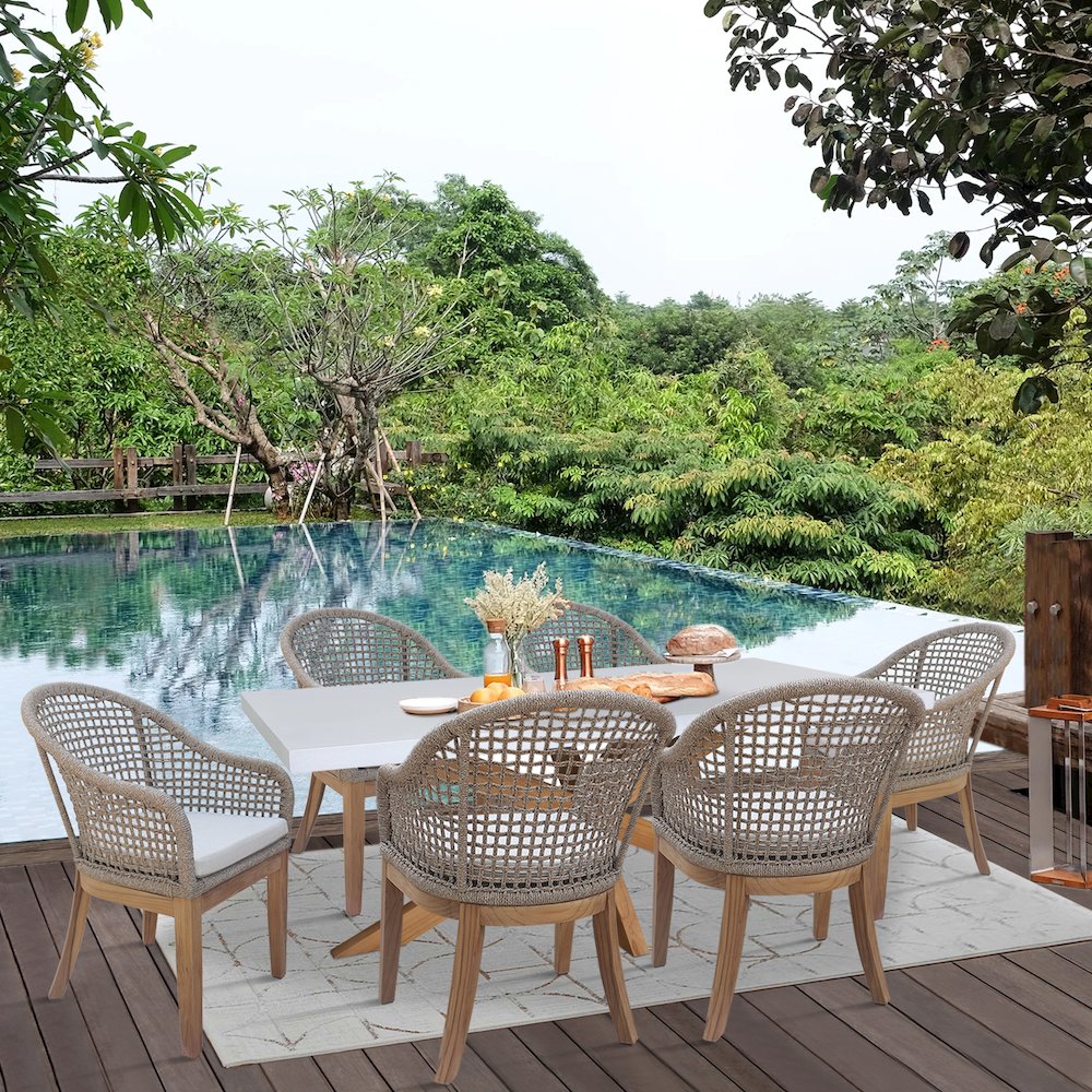 Outdoor 7 Piece Teak Patio Furniture Set with a Table and 6 Chairs,Natural/White. Picture 8