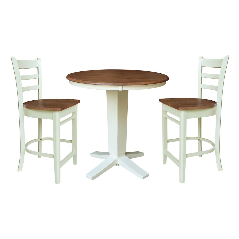 36" Solid Wood Round Top Pedestal Dining Table with 2 Counter Height Stools. Picture 1