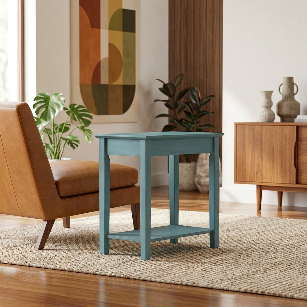 Ocean blue narrow end table with antique rubbed finish for classic living spaces. Picture 3