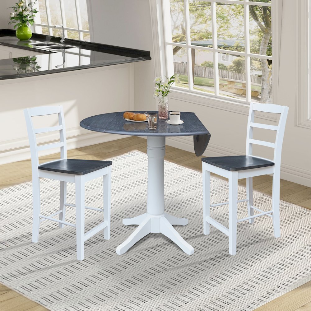42" Round Top Dual Drop Leaf Pedestal Table with 2 Stools. Picture 6