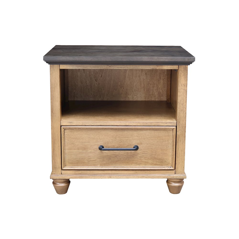 Solid Wood 1-Drawer Nightstand, Hickory & Washed Coal Two-Tone Bedside Table. Picture 1