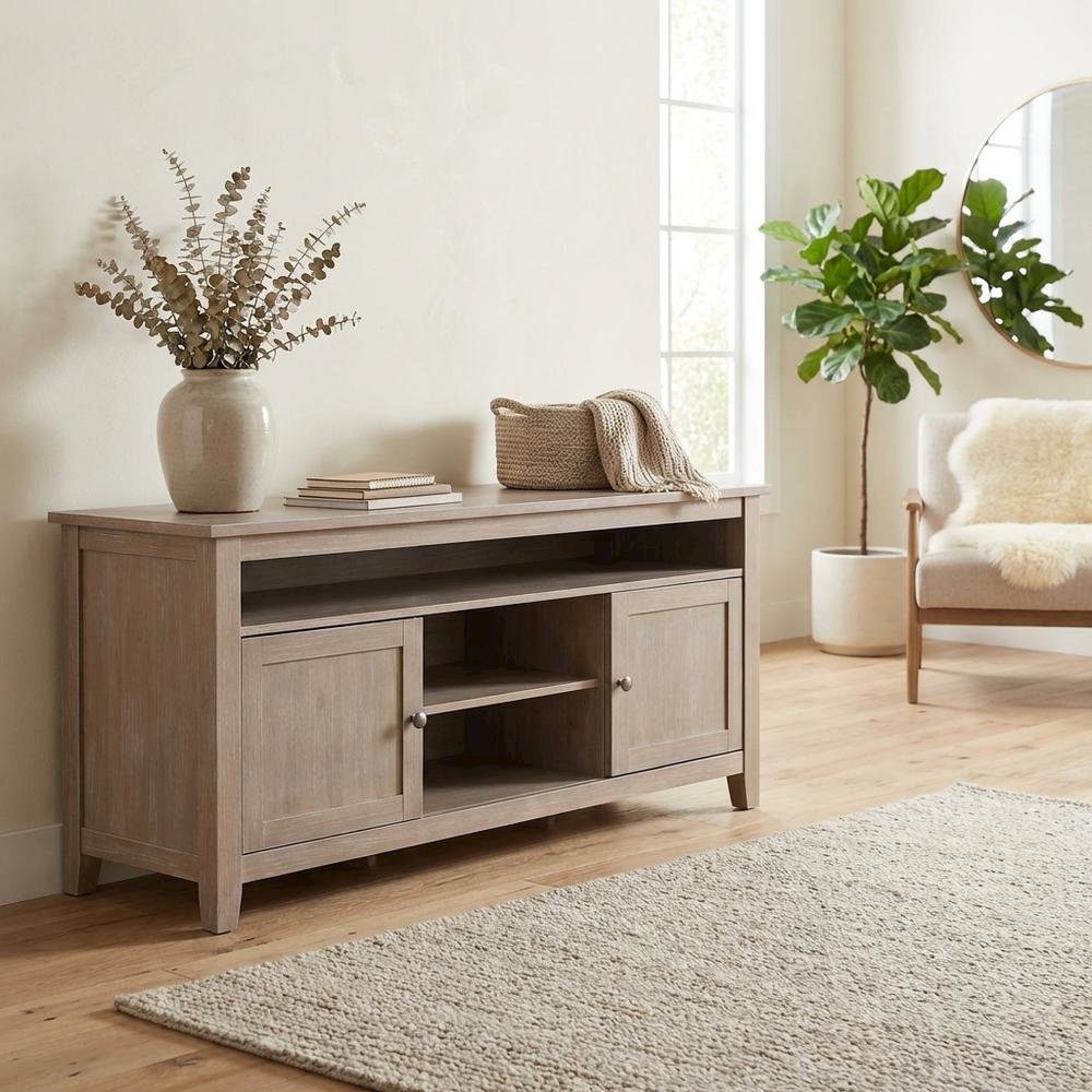 Washed Gray Taupe Entertainment TV Stand with 2 Doors and Hardwood Construction. Picture 3