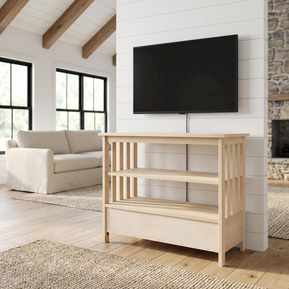Unfinished Mission TV Stand in Natural Finish for Modern Living Room. Picture 8