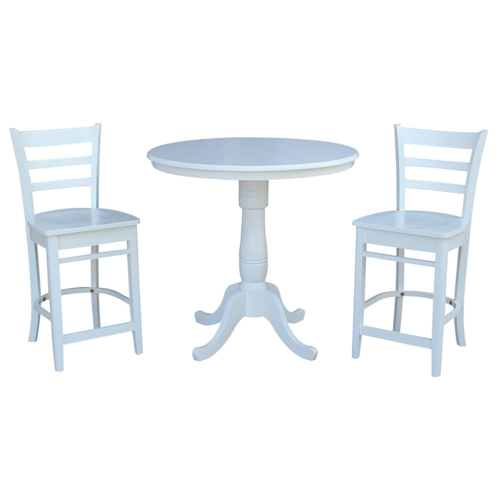 36" Pedestal Gathering Height Table With 2 Ladderback Counter Height Stools. Picture 1