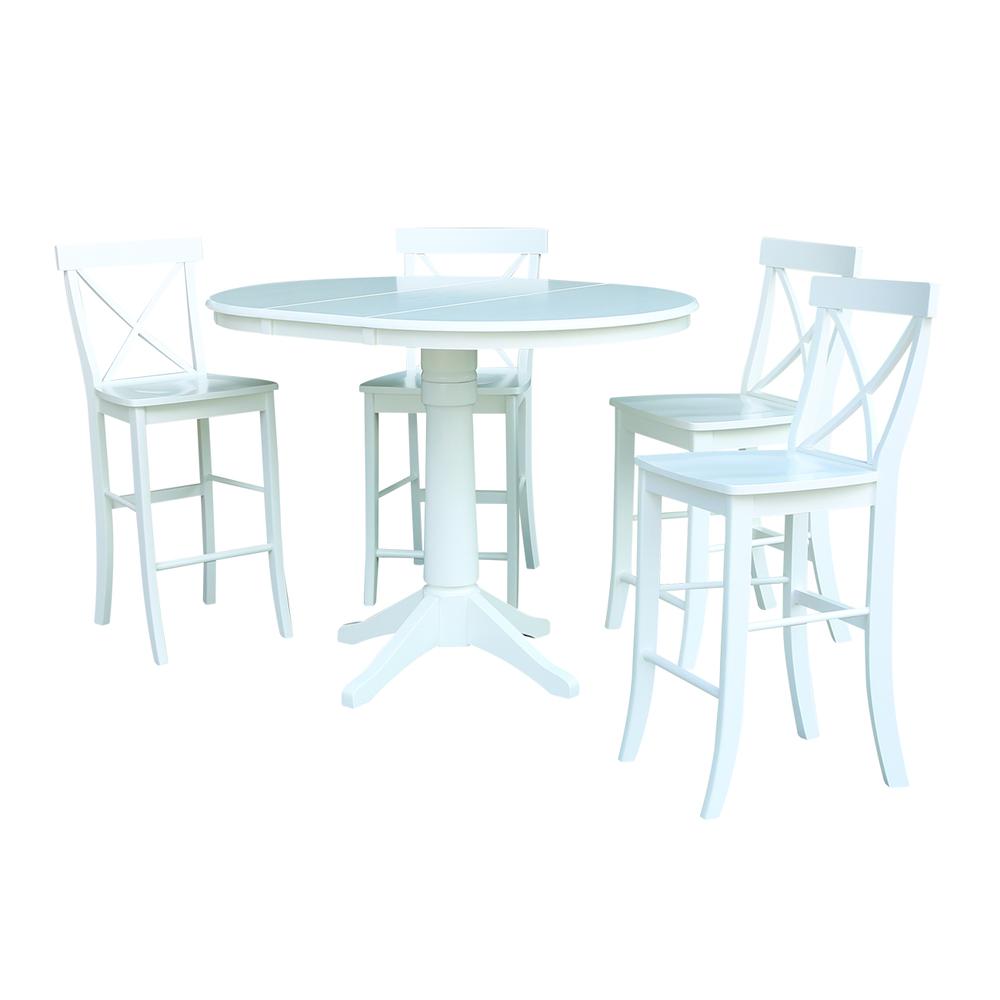 36" Round Extension Dining Table 34.9"H With 4 X-Back Counter height Stools, White. Picture 1