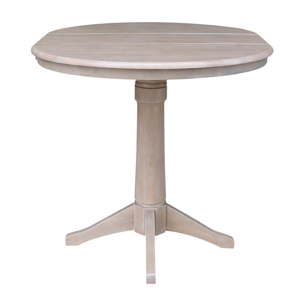 36" Round Top Pedestal Table With 12" Leaf - 34.9"H - Dining or Counter Height, Washed Gray Taupe. Picture 4