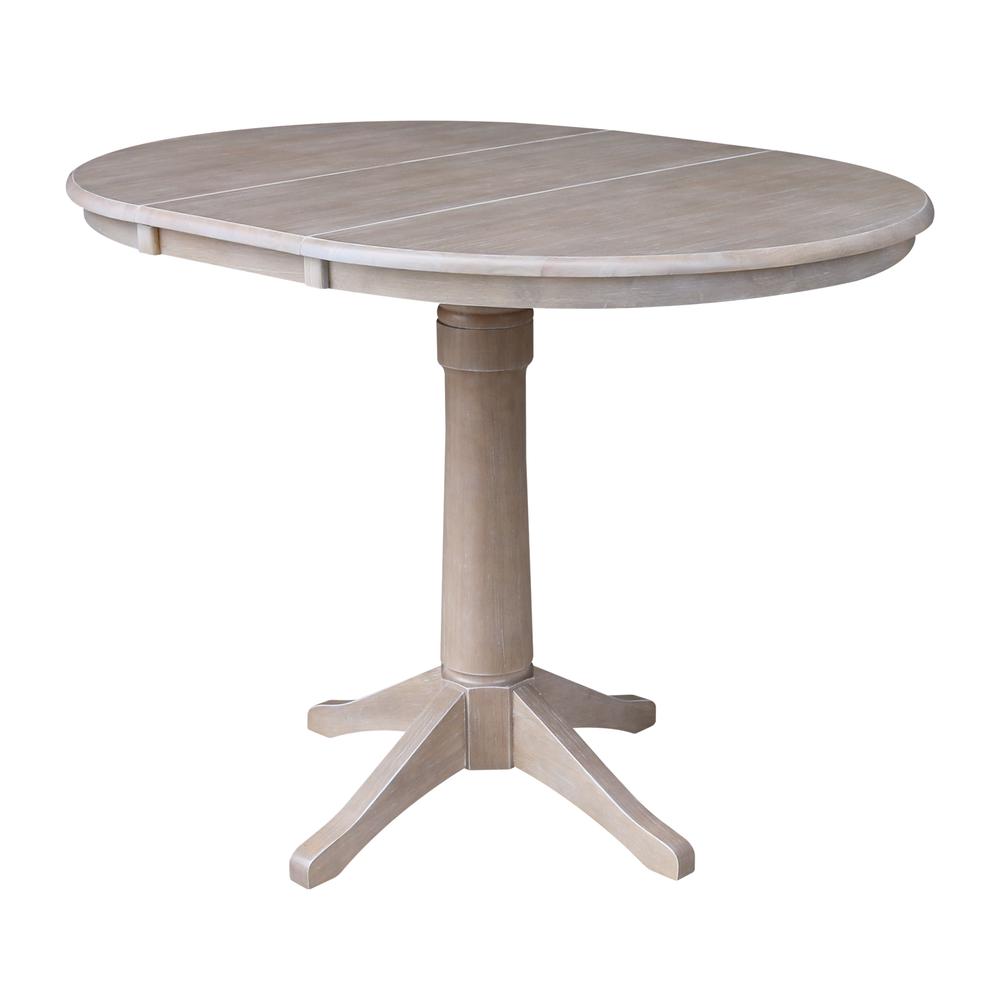 36" Round Top Pedestal Table With 12" Leaf - 34.9"H - Dining or Counter Height, Washed Gray Taupe. Picture 7