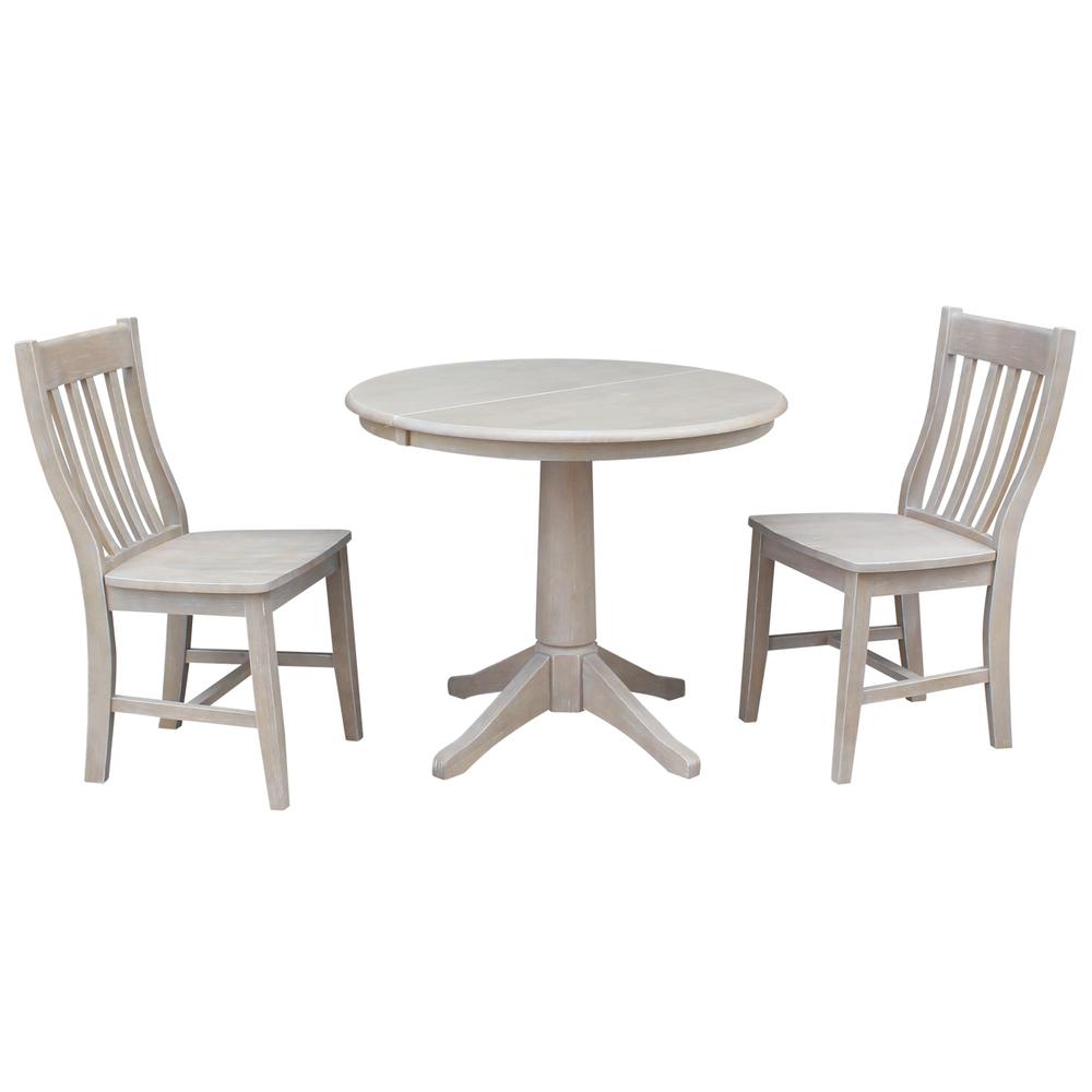 36" Round Extension Dining Table With 2 Cafe Chairs, Washed Gray Taupe. Picture 1