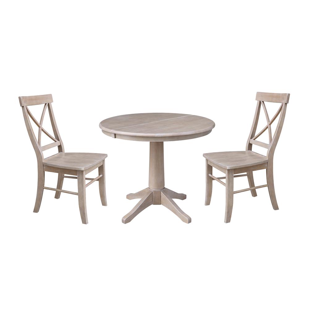 36" Round Extension Dining Table With 2 X-Back Chairs, Washed Gray Taupe. Picture 1