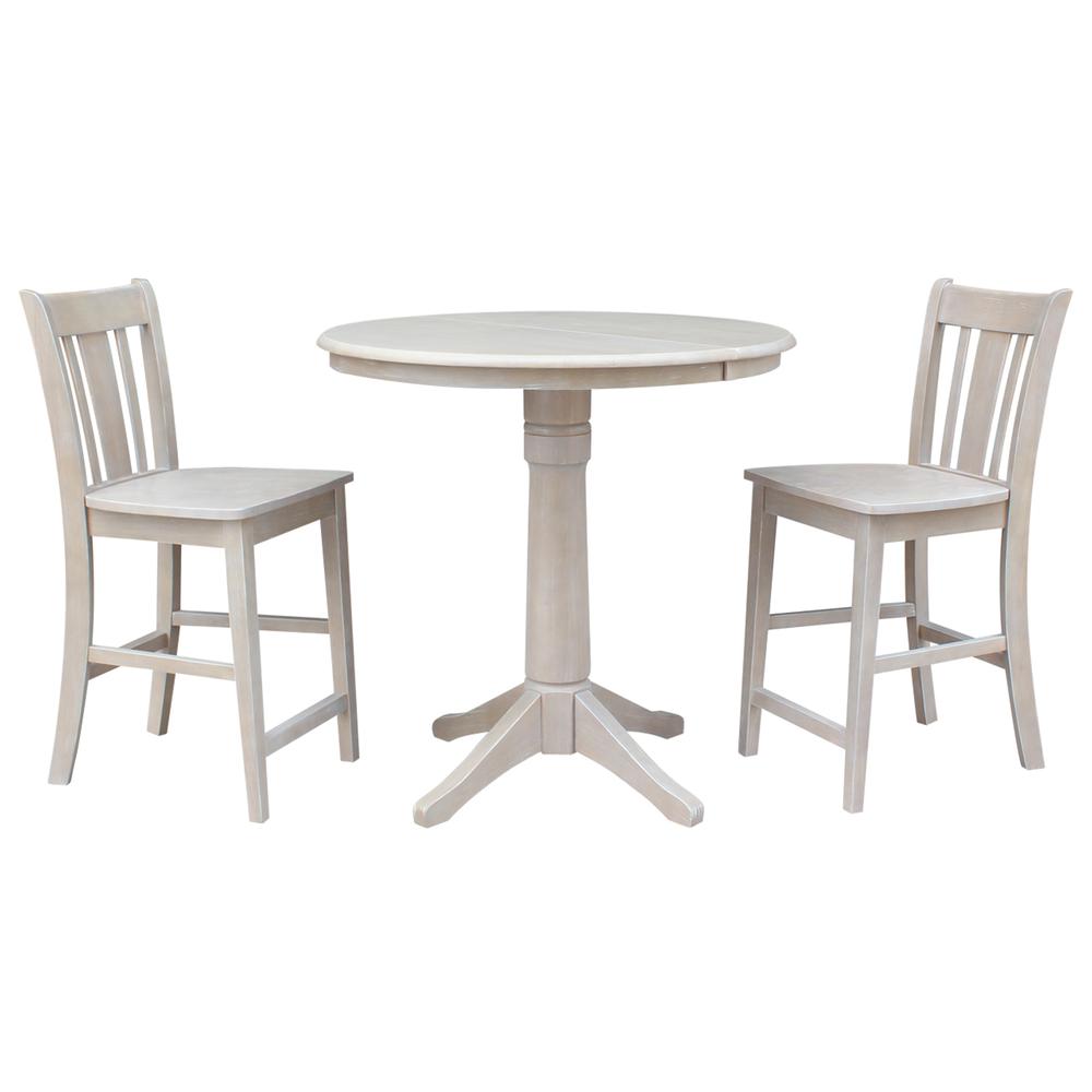 36" Round Extension Dining Table 34.9"H With 2 San Remo Counter height Stools, Washed Gray Taupe. Picture 1