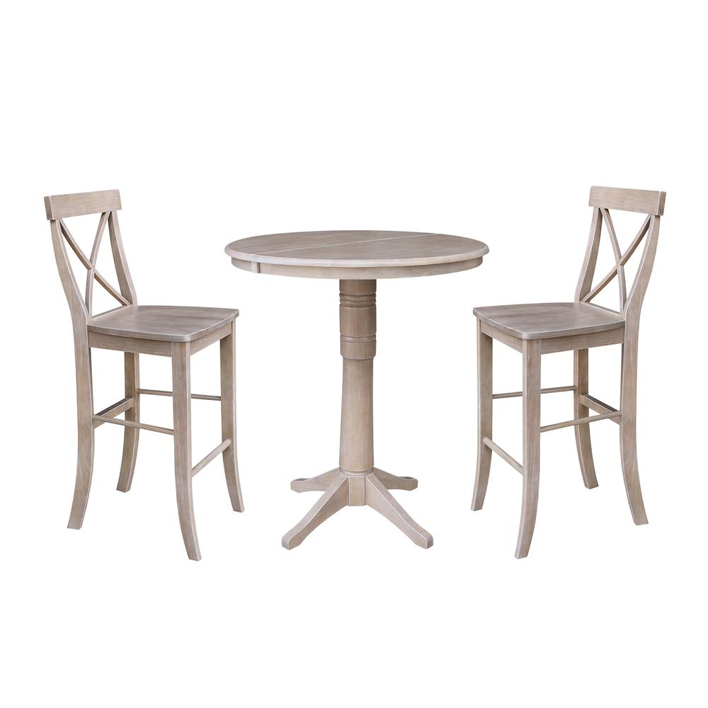 36" Round Extension Dining Table 40.9"H With 2 X-Back Bar height Stools, Washed Gray Taupe. Picture 1