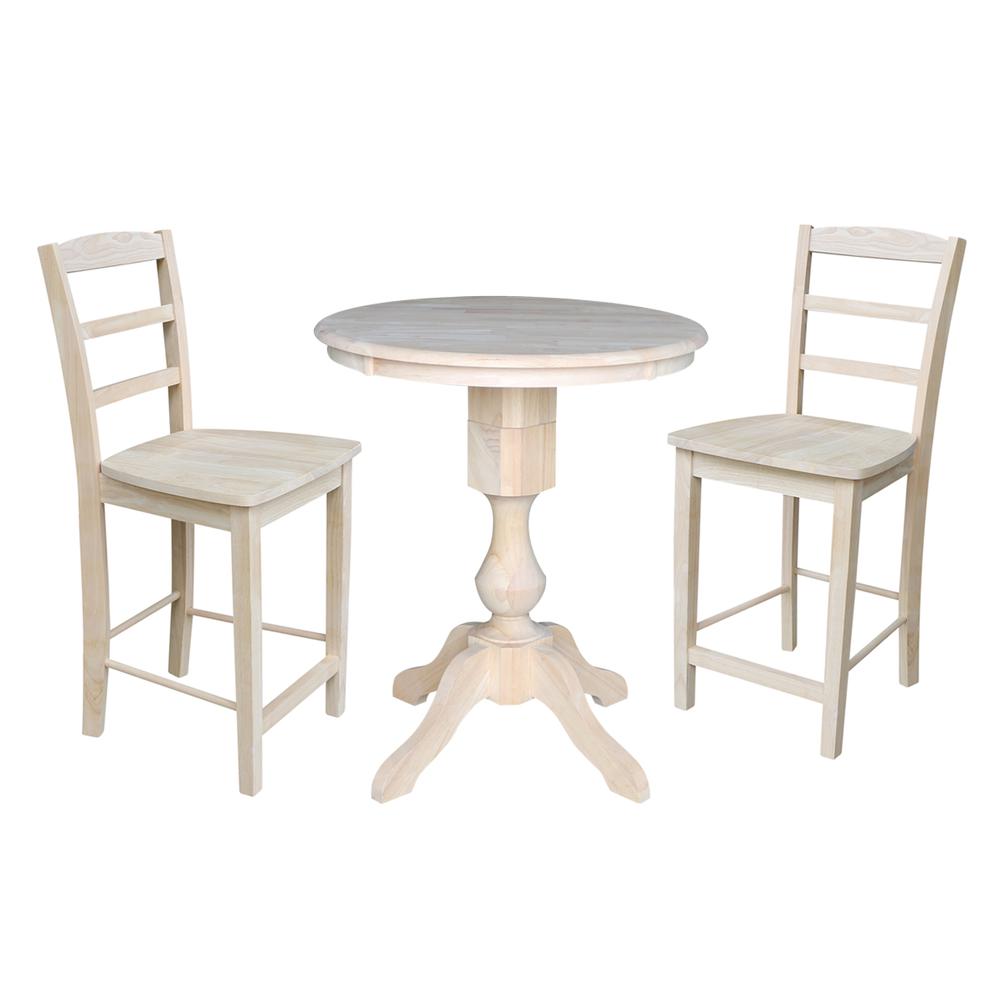 30" Round Pedestal Gathering Height Table With 2 Madrid Counter Height Stools. Picture 1