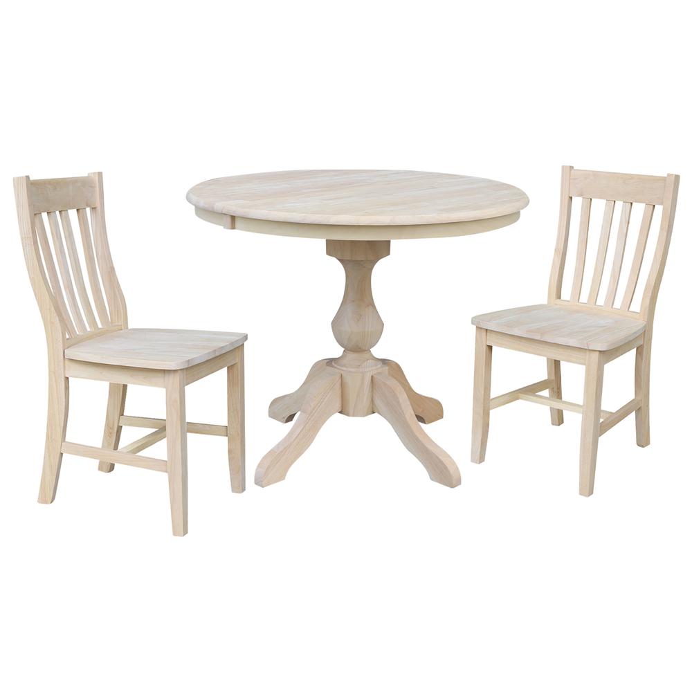 36" Round Extension Dining Table With 2 Cafe Chairs, Unfinished. Picture 1