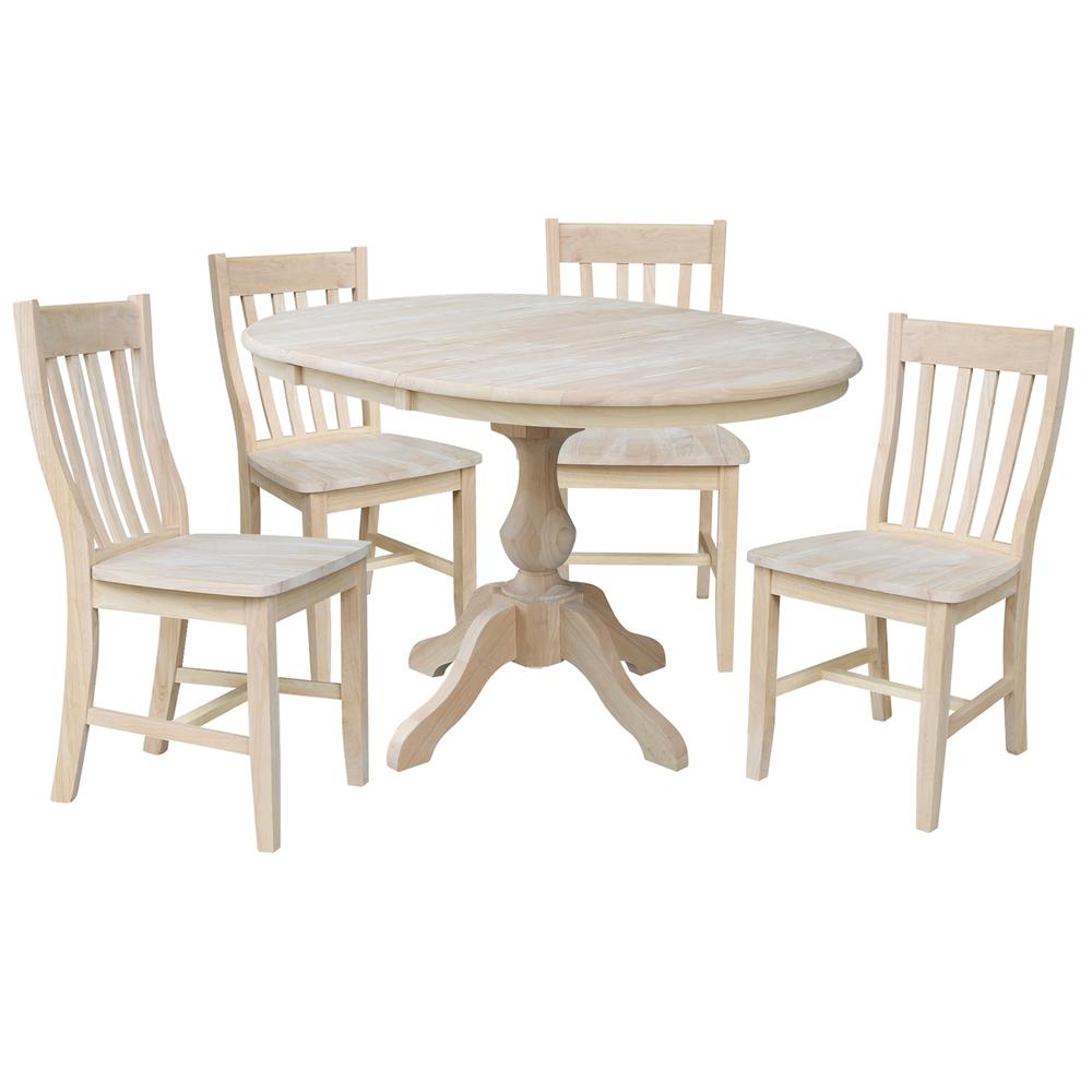 36" Round Extension Dining Table With 4 Cafe Chairs, Unfinished. Picture 1