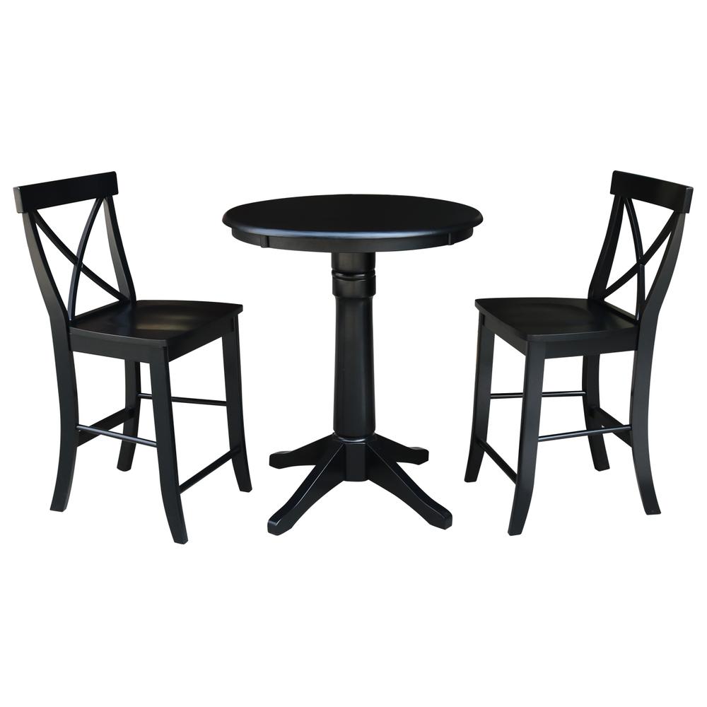30" Round Pedestal Gathering Height Table With 2 X-Back Counter Height Stools. Picture 1