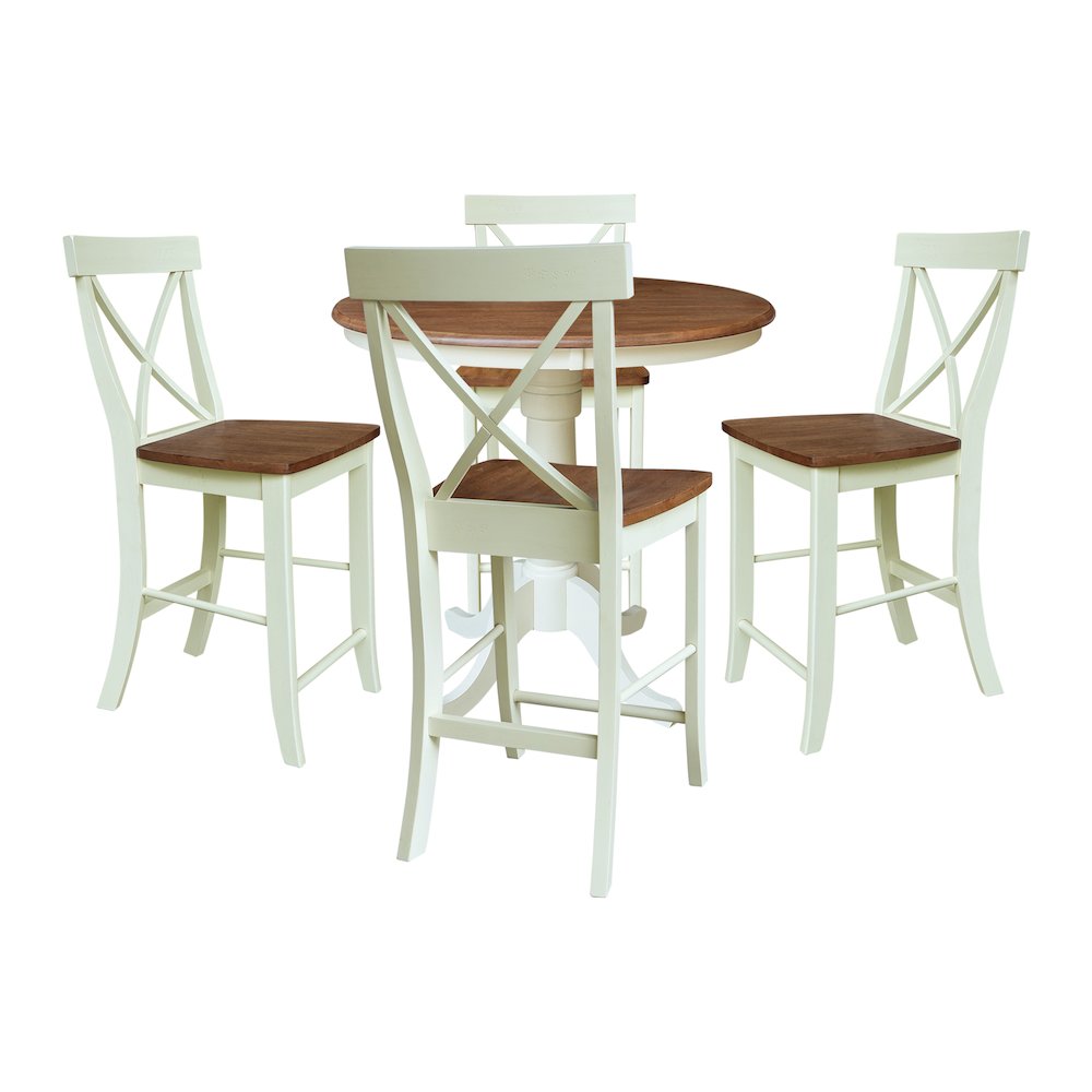 36" Round Pedestal Gathering Height Table With 4 X-Back Counter Height Stools. Picture 1