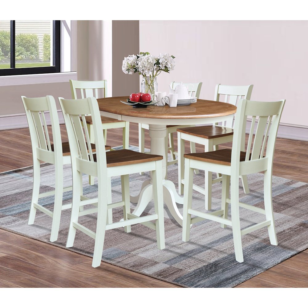 36" Round Pedestal Extension Counter Height Dining Table with 6 San Remo Stools. Picture 4