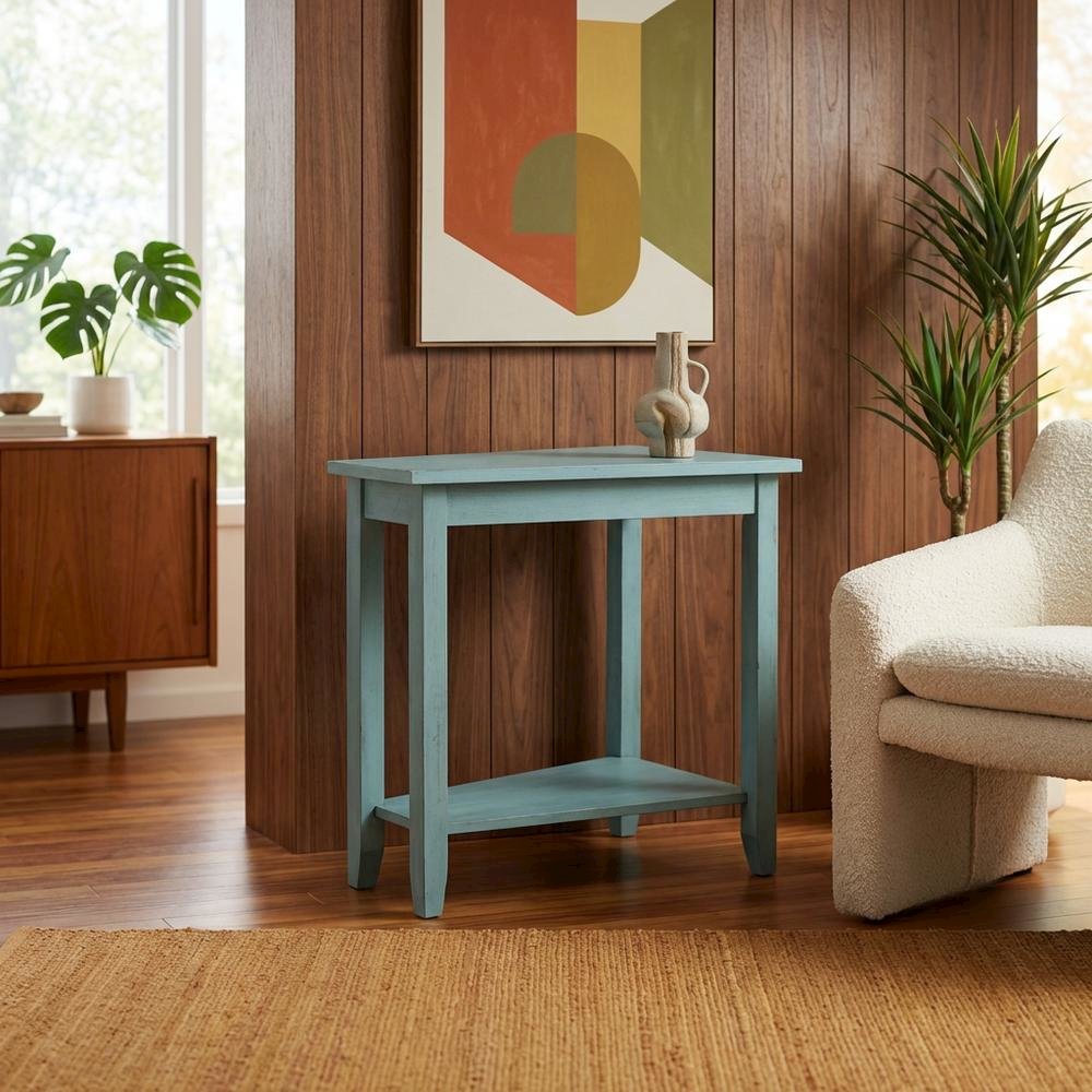 Ocean Blue Accent Table with Antique Rubbed Finish for Stylish Living Spaces. Picture 3